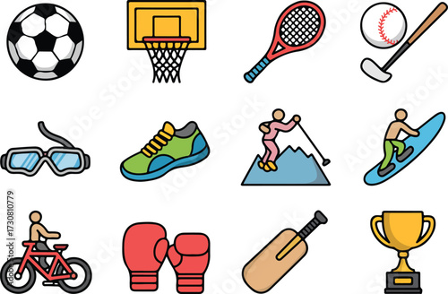 Colorful illustrated icons representing various popular sports and athletic activities
