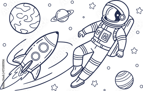 Illustration of an astronaut, rocket, planet, stars, and Saturn in space