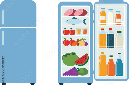 Refrigerator with fresh food and drinks, fruits, vegetables, fish, meat, juice, milk, soda bottles, kitchen appliance vector illustration, healthy lifestyle storage