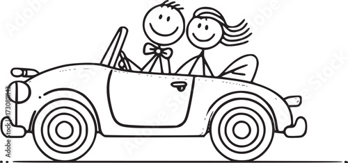Romantic Journey in a Cartoon Car: A charming cartoon illustration of a smiling couple cruising in a classic convertible car. Embracing the open road.