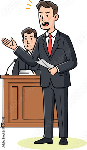 Cartoon courtroom scene, lawyer speaking, judge observing, legal argument, professional attire, red tie, justice concept, trial moment, law, authority