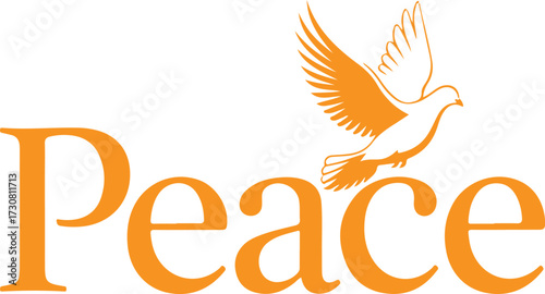 Peace word with dove symbol in orange color for hope and serenity concept illustration