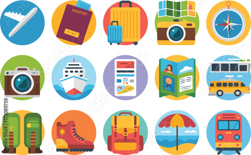 Colorful travel and tourism icons representing vacation elements and adventurous activities across the world.