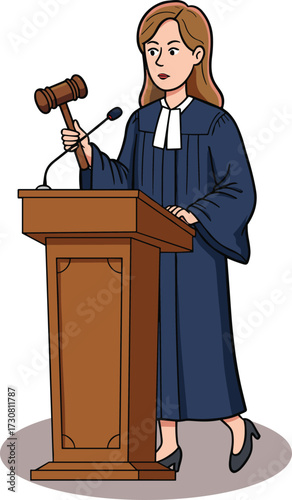 Cartoon judge at podium, judicial robe, white neckband, holding gavel, courtroom scene, legal authority, justice concept, speaking, law, trial