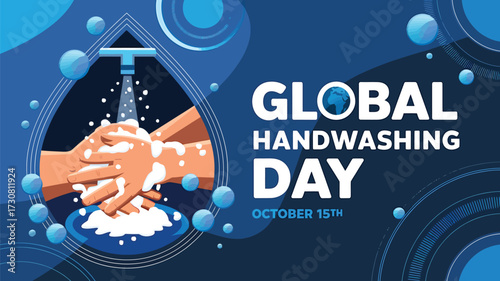 Vector art of global handwashing day with illustration of hands being washed under a faucet with soap and water