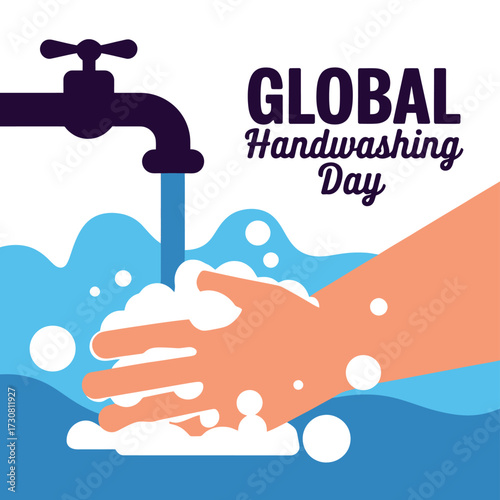 Vector art of global handwashing day illustration with a faucet pouring water onto soapy hands, emphasizing hygiene and health awareness