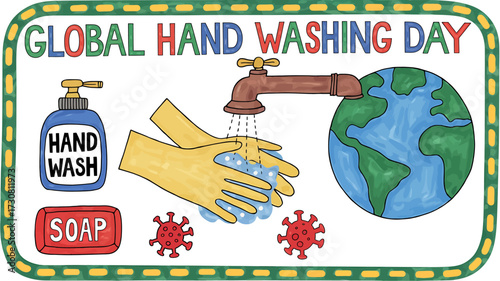 Vector art of global hand washing day illustration featuring hand wash bottle, soap, faucet, soapy hands, and earth, highlighting hygiene and germ prevention