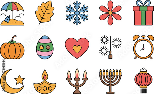 Colorful vector illustration depicting various seasonal symbols and holiday celebration icons