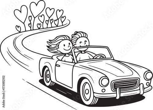 Road to Love: A black and white illustration depicts a couple in a convertible car, embarking on a road lined with heart-shaped trees. A symbol of love, romance, and journey ahead.