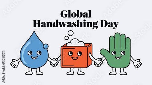 Vector art of global handwashing day cartoon characters of water drop, soap, and hand holding hands
