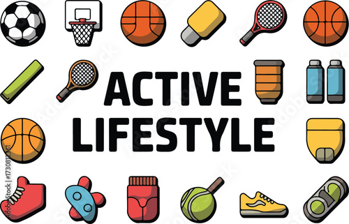 Colorful vector illustration showcasing active lifestyle elements and sports equipment