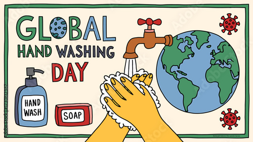 Vector art of global hand washing day illustration with hands washing under a faucet, soap, and planet earth