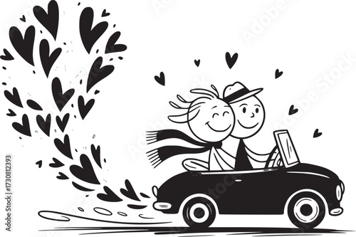 Love Ride Adventure: A cheerful couple, joyfully driving in a classic car with a trail of hearts, symbolizing their love. Expressing a storybook romance with simple lines and a dash of whimsy.