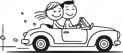 Romantic Road Trip: A couple of people on a convertible car illustration, hair blowing in the wind, embarking on an adventure, perfect for travel or love concepts.