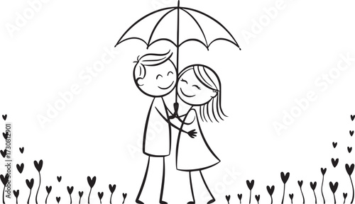 Simple Lovers' Embrace Under Umbrella: A heartwarming illustration captures a couple's tender moment, sheltered by an umbrella, evoking feelings of affection, togetherness, and enduring love. 