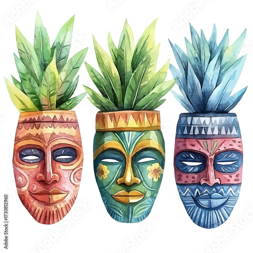 Colombian Cumbia Masks, watercolor painting vector, isolated on a white background.