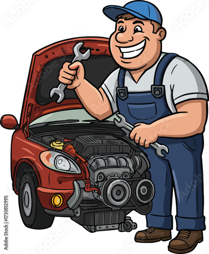 Cartoon mechanic with wrenches, red car engine repair, blue overalls, open hood, smiling face, garage scene, technical skill, animated character