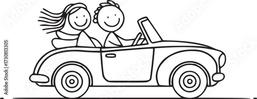 Joyride in a Convertible: A whimsical monochrome illustration depicts a couple in a classic convertible, capturing the thrill of a scenic drive and the shared joy of adventure.