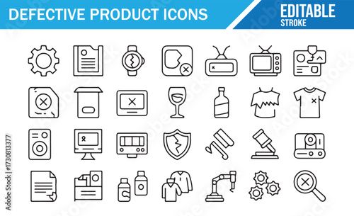 Quality Control Failure Icons — Editable Stroke Symbols of Defects, Reports, and Returns