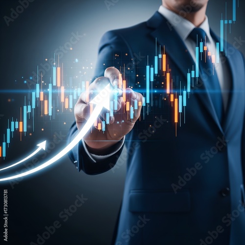 Businessman analyzing financial stock market trading graph with upward arrow and glowing light