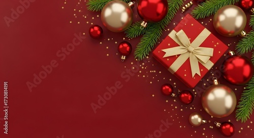 Christmas gift box with ornaments and fir branches on red background