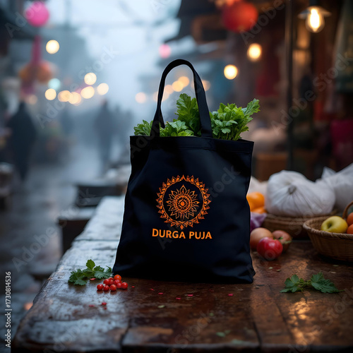 A Durga Puja logo beautifully printed on a reusable canvas tote bag