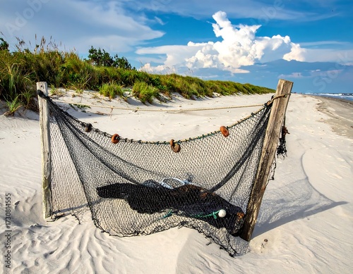 Fototapeta Naklejka Na Ścianę i Meble -  Beach net resting on sand dunes