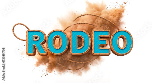 Rodeo lettering with rope and dust cloud behind, vector 3D illustration on a white background