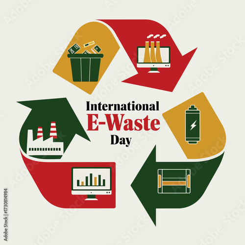 Vector art of international ewaste day concept with recycling symbol and icons representing electronic waste, computer, battery, and factory