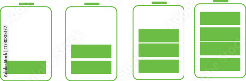 Vector illustration of green battery icons depicting various charge levels, from low to full, signifying power status and energy consumption for electronic devices and digital interfaces