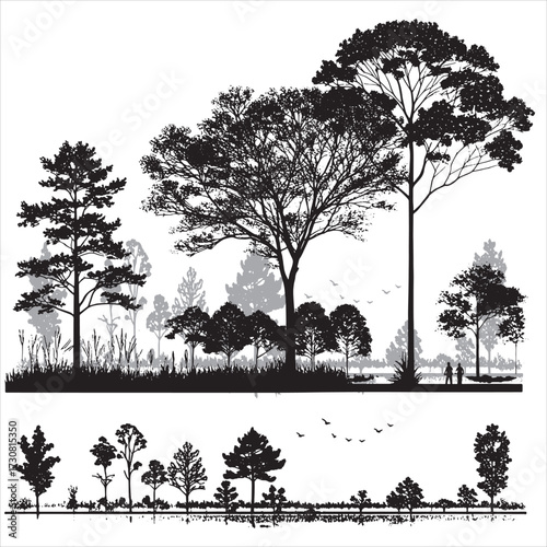 Architectural style minimal CAD tree line drawing in side view, featuring wetland forest section outlines. Clean black and white line art illustration with separate elements, perfect for landscape 