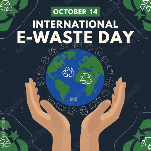 Vector art of international ewaste day concept with hands holding the earth, surrounded by recycling symbols and icons