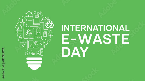 Vector art of international ewaste day concept with a lightbulb made of electronic waste symbols and recycling icons on a green background