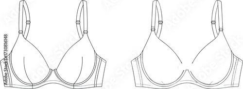 Bra flat sketch, lingerie technical drawing, front view design, underwire bra template, fashion illustration, adjustable straps, apparel vector, garment construction outline