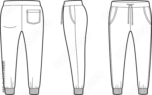 Jogger pants flat sketch, fashion technical drawing, front side and back view, elastic waistband, drawstring closure, ribbed cuffs, apparel vector illustration
