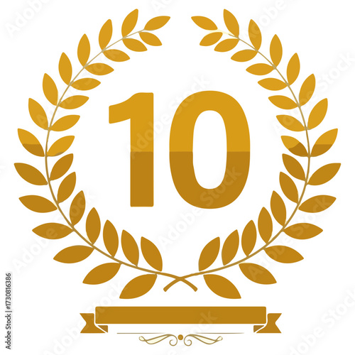 Golden Laurel Wreath with Number 10 - Tenth Anniversary Celebration Vector Graphic