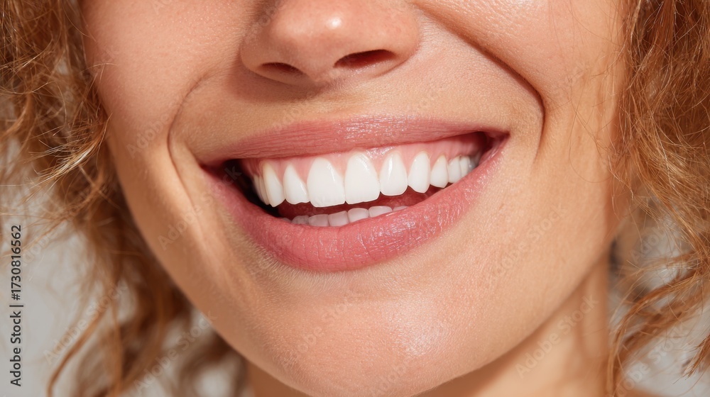 Obraz premium A woman with curly hair displays a bright smile highlighting her white teeth and joyful expression. Sunlight enhances her cheerful demeanor and creates a warm atmosphere.