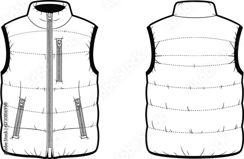 Sleeveless padded vest flat sketch, fashion technical drawing, front and back view, quilted outerwear design, zipper closure, high collar, apparel vector illustration