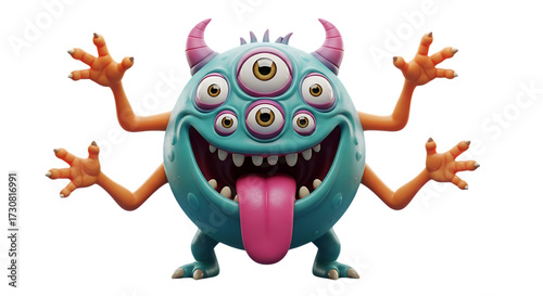 Cartoon Monster Character with Six Eyes and Horns