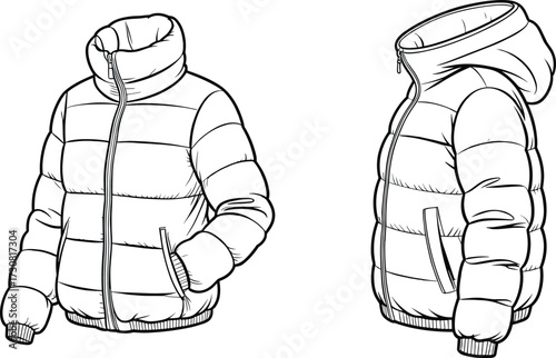 Puffer jacket flat sketch, fashion technical drawing, front and side view, quilted outerwear design, zipper closure, hood detail, apparel vector illustration