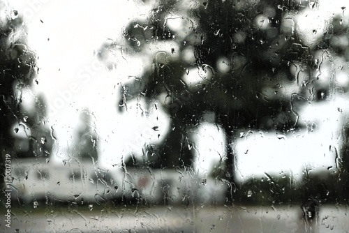 Abstraktes Motiv mit Regenmuster vor Baum und Wohnmobilplatz und weißem Himmel bei Regen und Sturm am Nachmittag im Herbst