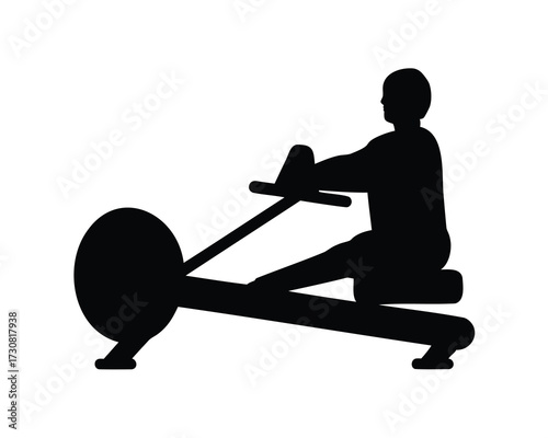 Silhouette of a person using a rowing machine for exercise in black