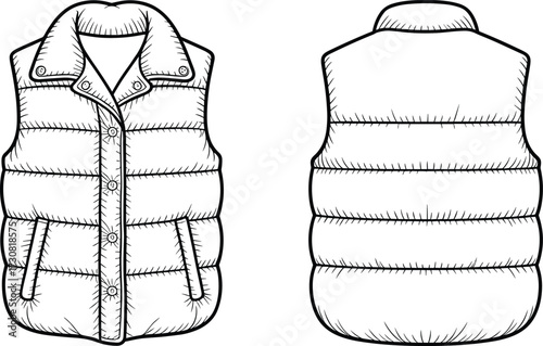 Puffer vest flat sketch, quilted outerwear fashion drawing, front and back view, button closure, collar design, apparel technical template, vector illustration