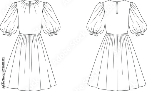 Women dress flat sketch, puff sleeve fashion drawing, front and back view, gathered skirt, keyhole back, apparel design template, vector illustration