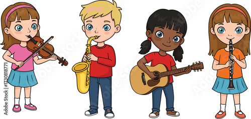 Cartoon children playing musical instruments, boy with saxophone, girl with violin, girl with guitar, girl with clarinet, happy kids music