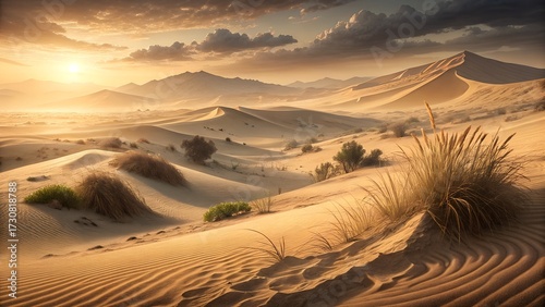 Sand dune texture with wind patterns in golden hour light