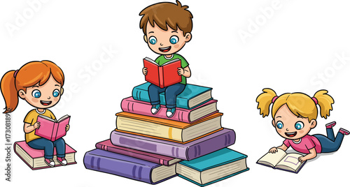 Cartoon children reading books, happy kids learning, boy and girls studying, education illustration, school knowledge, colorful book stack, library concept