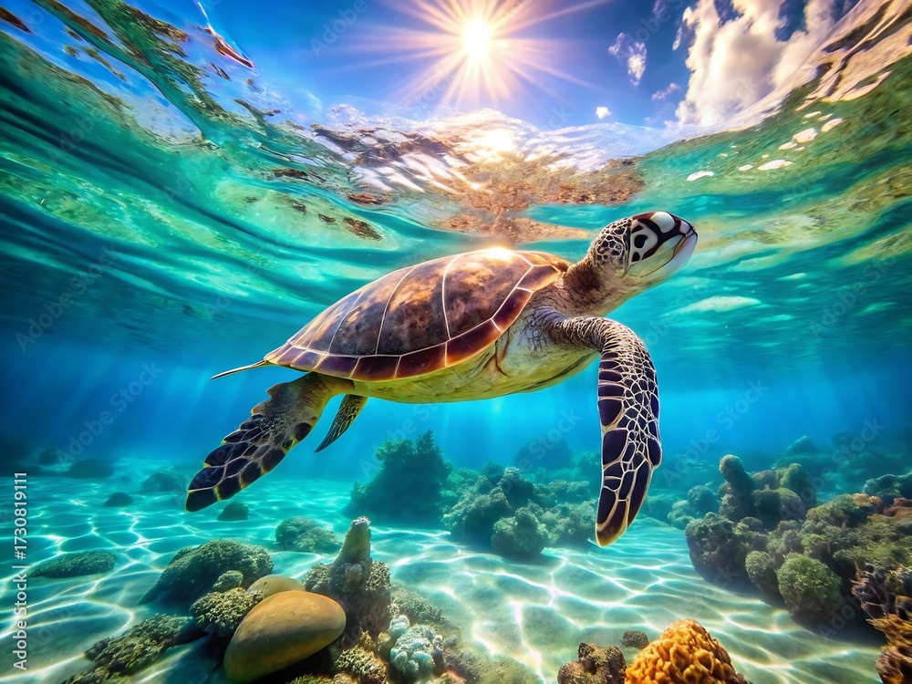 Obraz premium Sea turtle swimming in crystal clear turquoise water with sun rays shining through the surface of the ocean