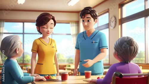 Animated Caregivers Interacting with Elderly Residents in a Bright Facility.