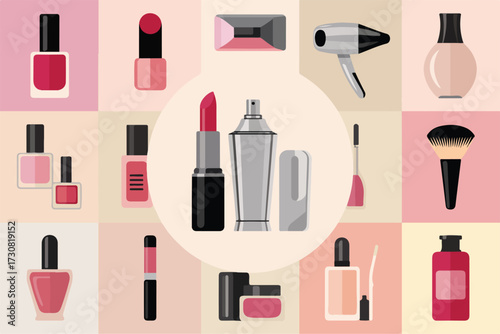 Modern flat lay illustration of cosmetics beauty products in pastel colors